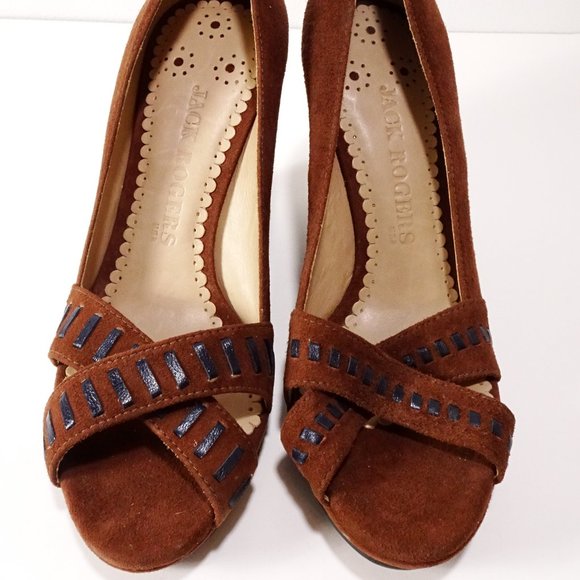 Jack rogers Brown Black Suede Leather WhipStitch Peep Toe Wedge Sandals Sz 6 - Picture 2 of 7